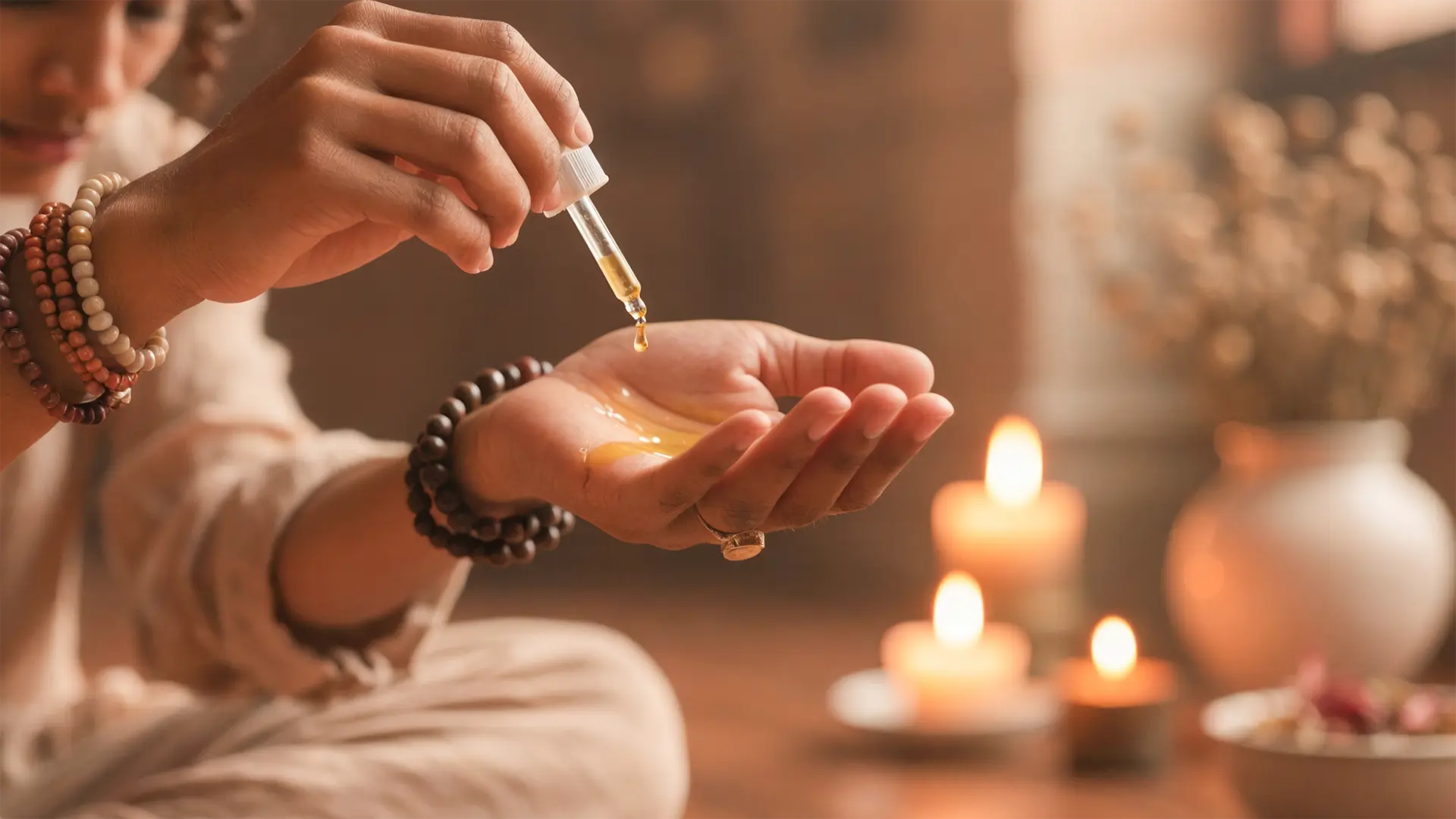 Aromatherapy essential oils and wellness ritual with natural oils, candles and relaxing atmosphere