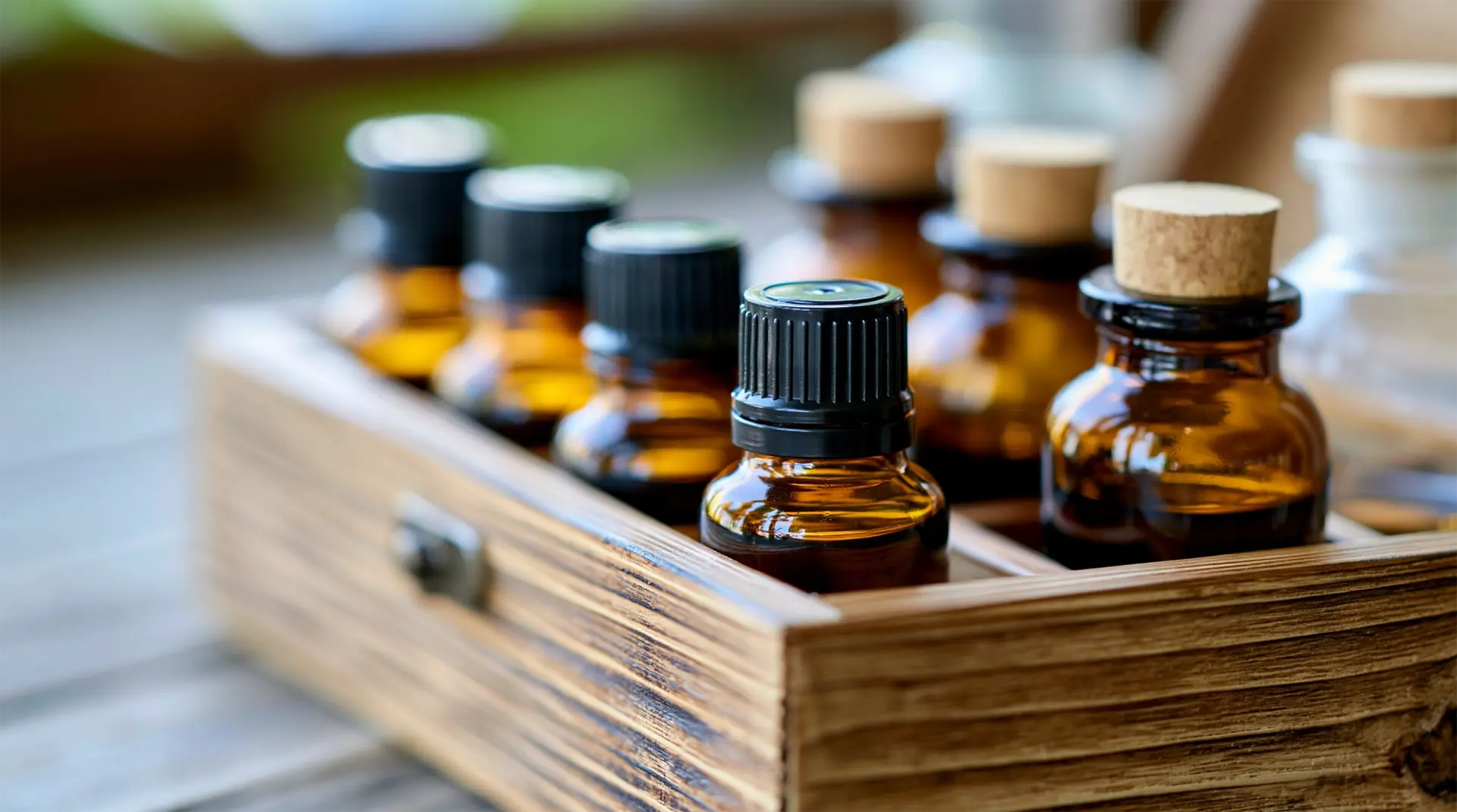 Gocce di olio essenziale puro estratto naturalmente, versate in contenitore in vetro per uso aromaterapico e cosmetico