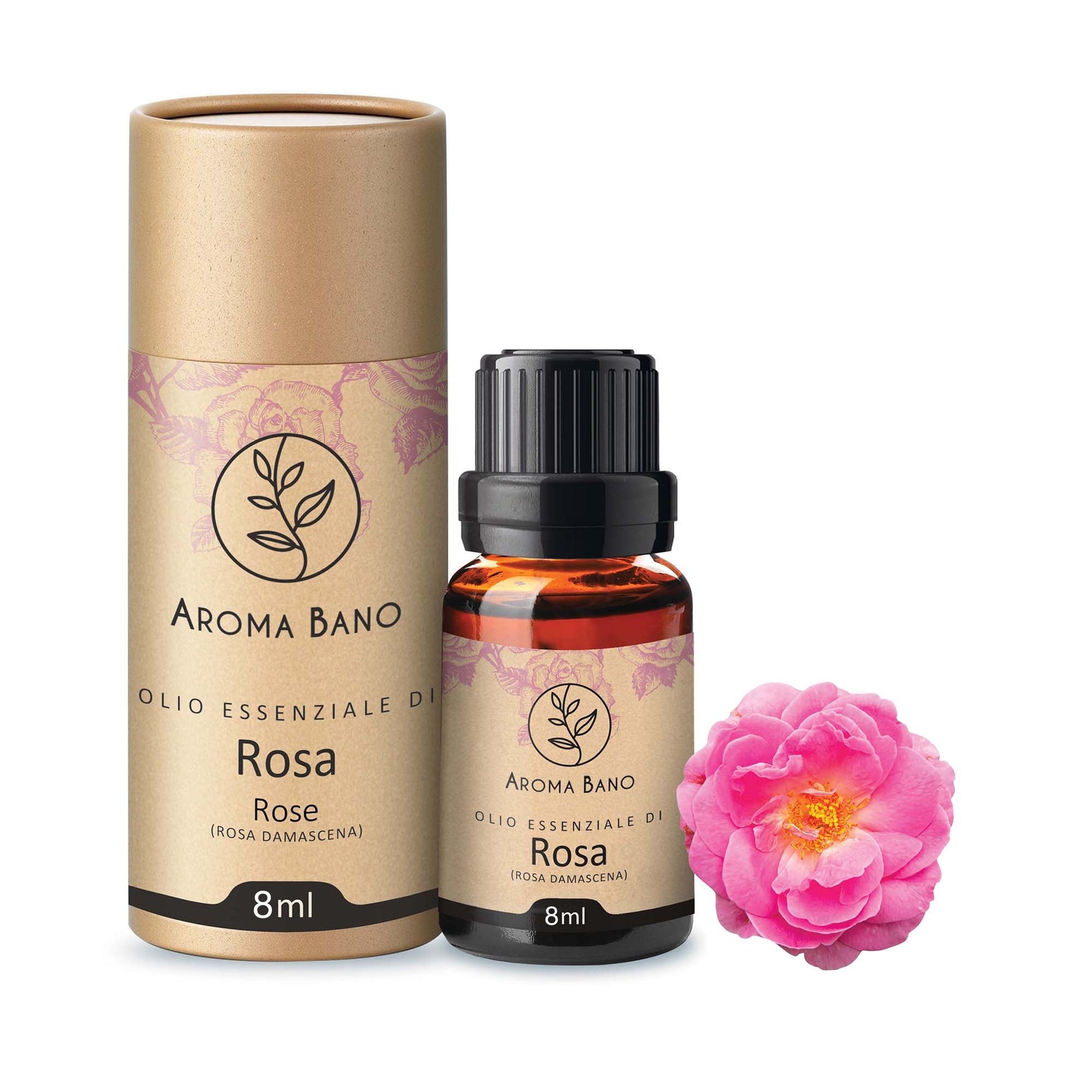 Olio essenziale di Rosa Damascena Aromabano in flacone da 8 ml con confezione premium e fiore di rosa.