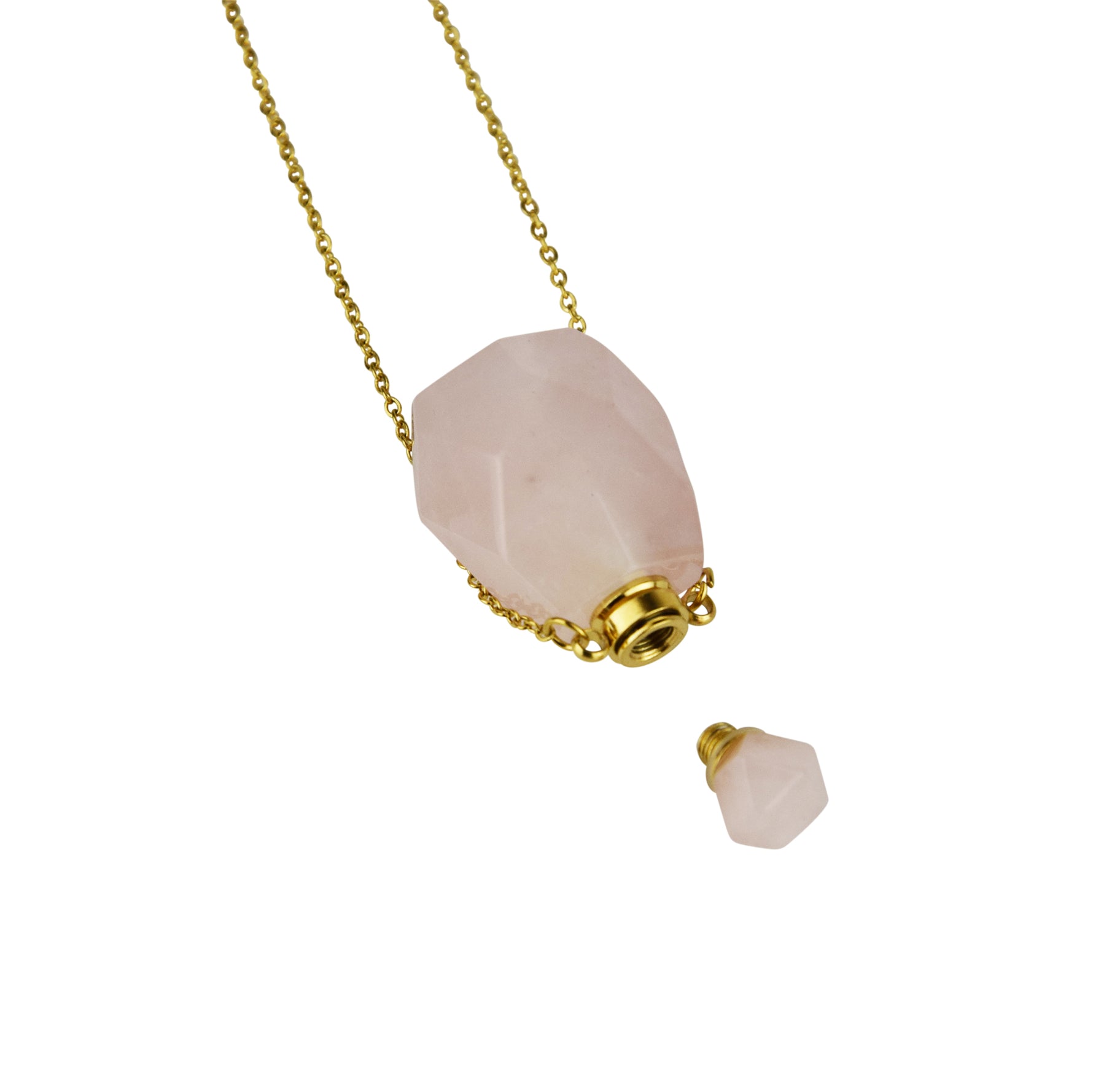 Collana porta profumo in quarzo rosa naturale con catena dorata Aroma Bano