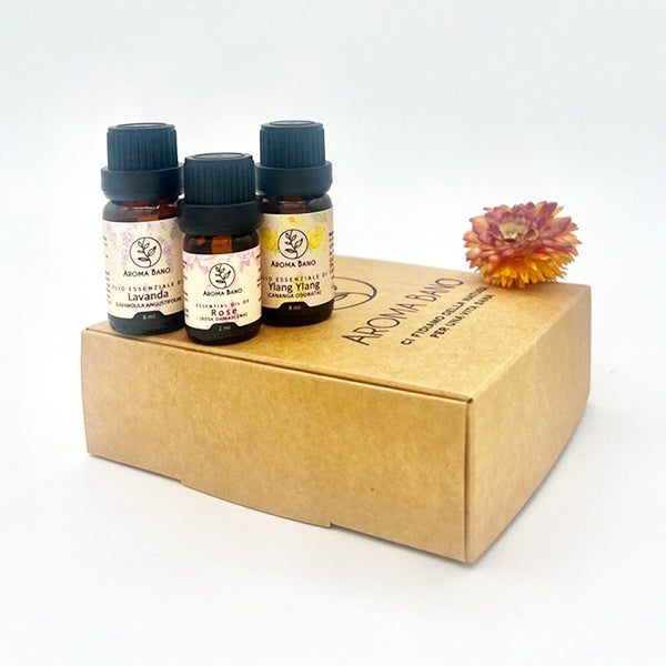 Kit aromaterapia buon umore Aroma Bano con Lavanda, Rosa Damascena e Ylang Ylang in confezione regalo