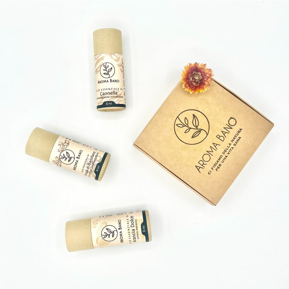 Kit natalizio Aroma Bano con Cannella, Arancia Dolce e Chiodi di Garofano fotografato dall’alto