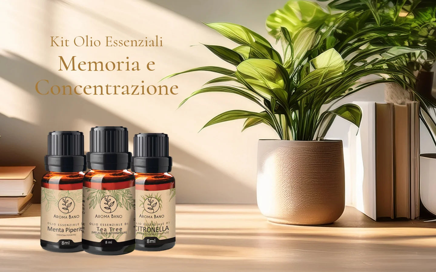 Kit Oli Essenziali Memoria e Concentrazione Aroma Bano con Bergamotto, Rosmarino e Menta Piperita su scrivania luminosa