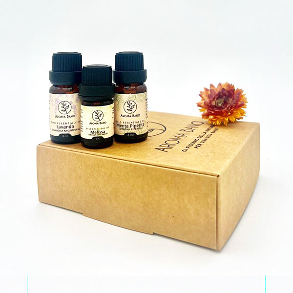 Kit oli essenziali per dormire Aroma Bano con Lavanda, Melissa e Menta Piperita in confezione regalo