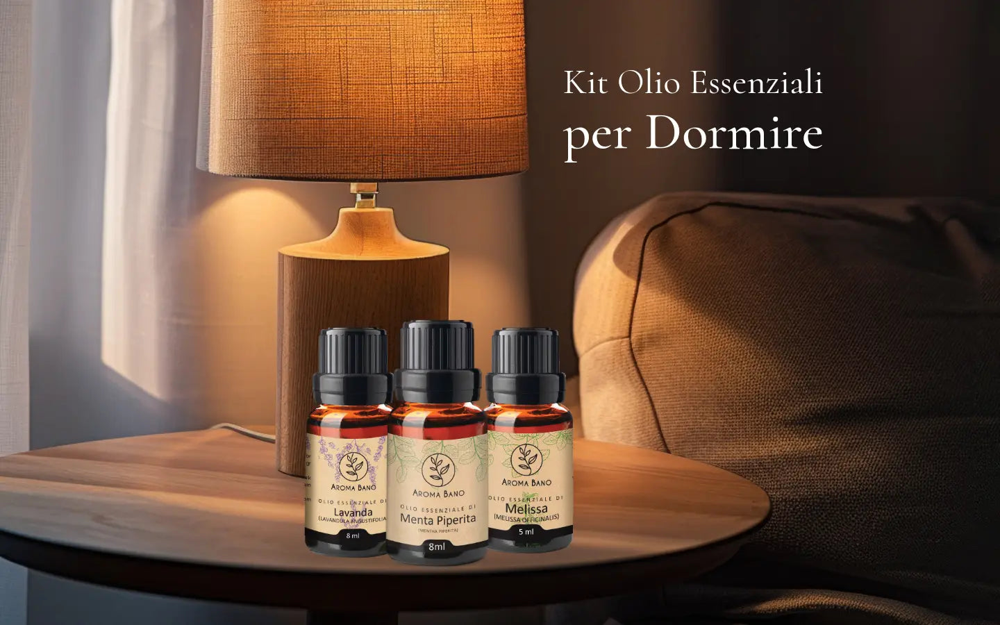Kit Oli Essenziali per Dormire Aroma Bano con Lavanda, Melissa e Menta Piperita in ambiente rilassante serale