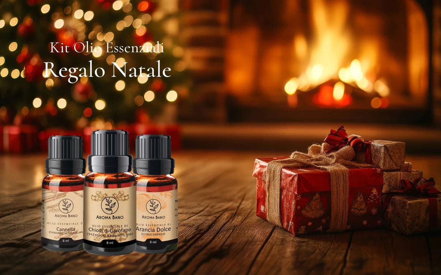 Kit Oli Essenziali Regalo Natale Aroma Bano con Arancia Dolce, Cannella e Chiodi di Garofano in atmosfera natalizia