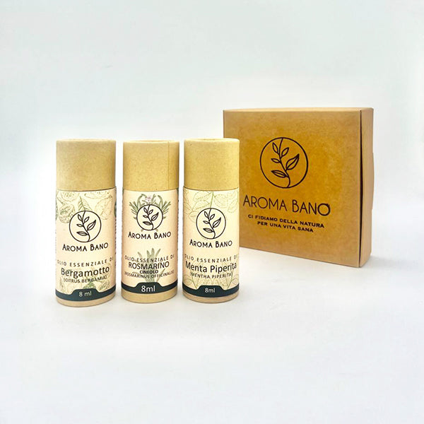 Kit olio essenziale memoria e concentrazione Aroma Bano con Bergamotto, Rosmarino e Menta Piperita in confezione regalo