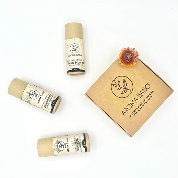 Kit olio essenziale memoria e concentrazione Aroma Bano con Bergamotto, Rosmarino e Menta Piperita fotografato dall’alto
