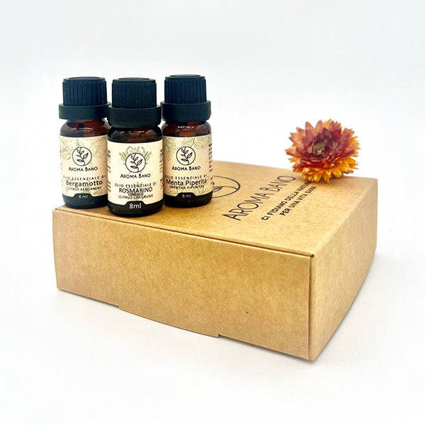 Kit olio essenziale memoria e concentrazione Aroma Bano con Bergamotto, Rosmarino e Menta Piperita