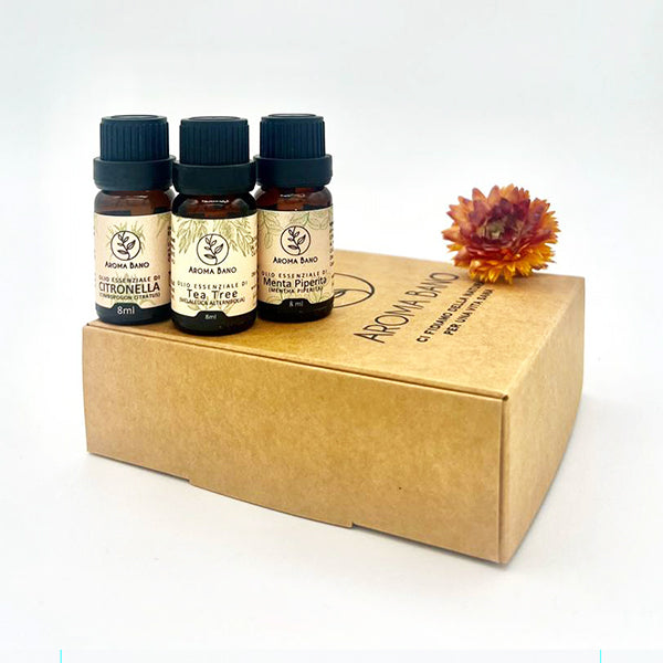 Kit olio essenziale purificante Aroma Bano con Tea Tree, Citronella e Menta Piperita in confezione regalo naturale