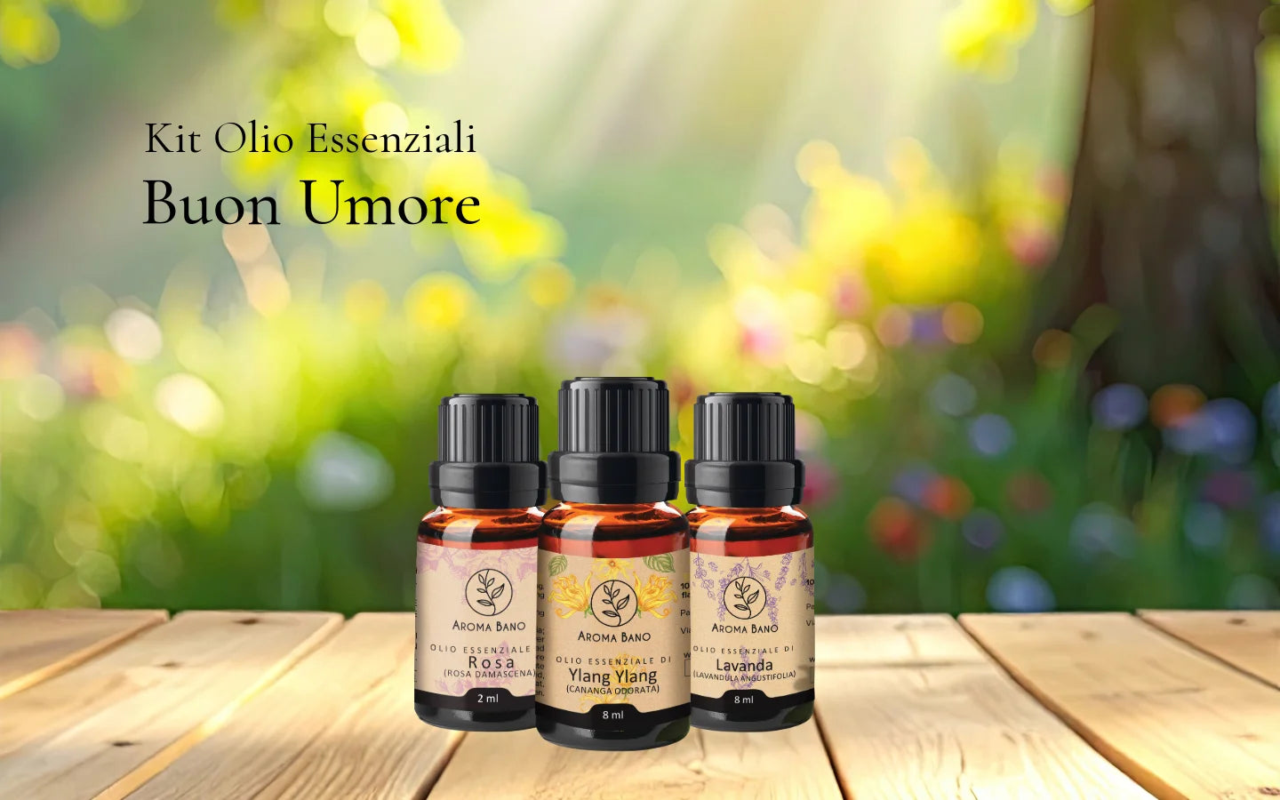 Kit Olio Essenziali Buon Umore Aroma Bano con Rosa Damascena, Ylang Ylang e Lavanda su sfondo luminoso e floreale