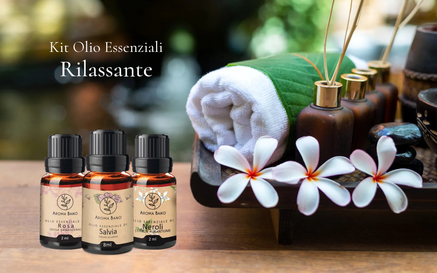 Kit Olio Essenziali Rilassante Aroma Bano con Rosa Damascena, Neroli e Salvia in ambiente spa e benessere
