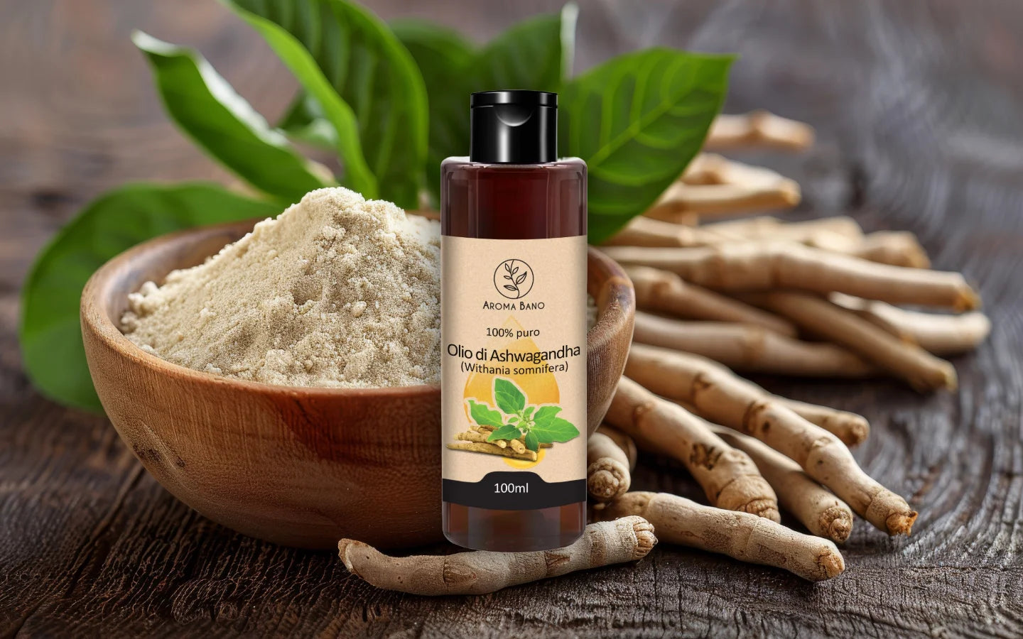 Olio di Ashwagandha puro e naturale 100ml con radici di ashwagandha e polvere vegetale