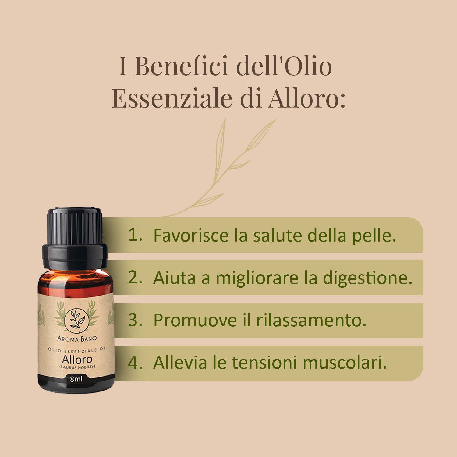 Bottiglia di olio essenziale di alloro Aroma Bano da 8 ml accanto a un elenco illustrativo dei benefici su sfondo chiaro