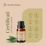 Bottiglia di olio essenziale di alloro Aroma Bano da 8 ml affiancata da icone illustrative su uno sfondo neutro