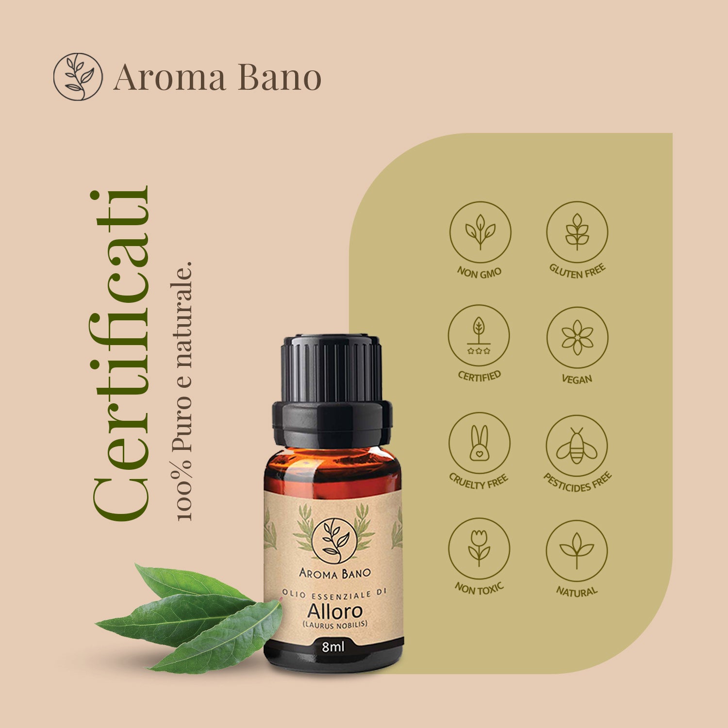 Bottiglia di olio essenziale di alloro Aroma Bano da 8 ml affiancata da icone illustrative su uno sfondo neutro