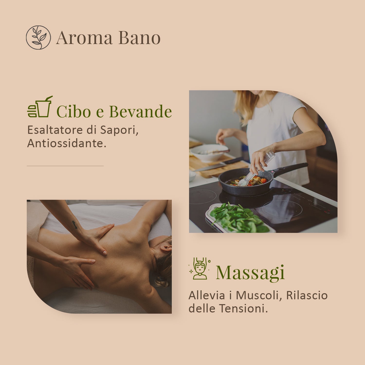 Preparazione di cibo in cucina e persona durante un massaggio, rappresentazione degli utilizzi dell’olio essenziale di alloro Aroma Bano da 8 ml