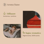 Diffusore acceso e persona immersa in una vasca da bagno in un contesto di relax associato all’olio essenziale di alloro Aroma Bano da 8 ml
