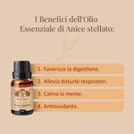 Olio essenziale di Anice Stellato Aroma Bano con grafica informativa sui benefici per la digestione