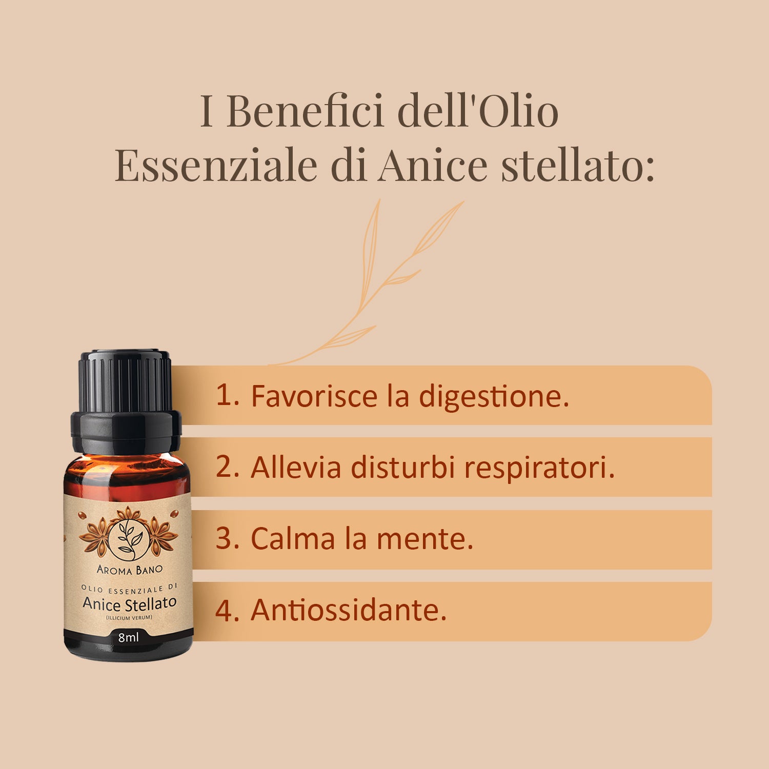 Olio essenziale di Anice Stellato Aroma Bano con grafica informativa sui benefici per la digestione
