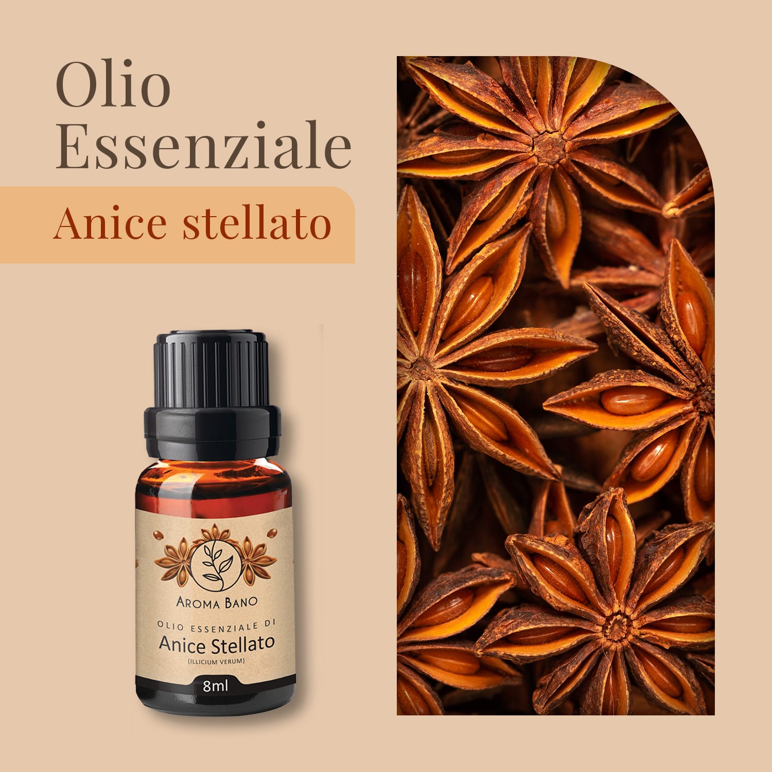 Confezione e bottiglia da 8 ml di olio essenziale di Anice Stellato Aroma Bano con stelle di anice su sfondo chiaro