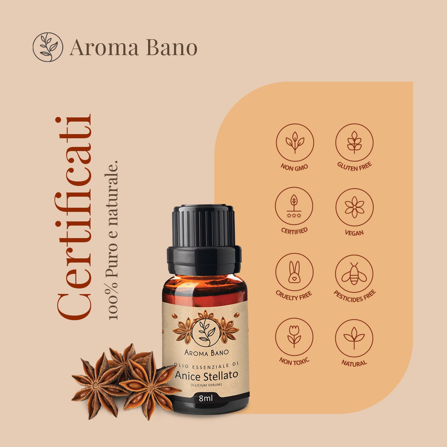 Olio essenziale di Anice Stellato Aroma Bano puro e naturale con stelle di anice come ingrediente botanico