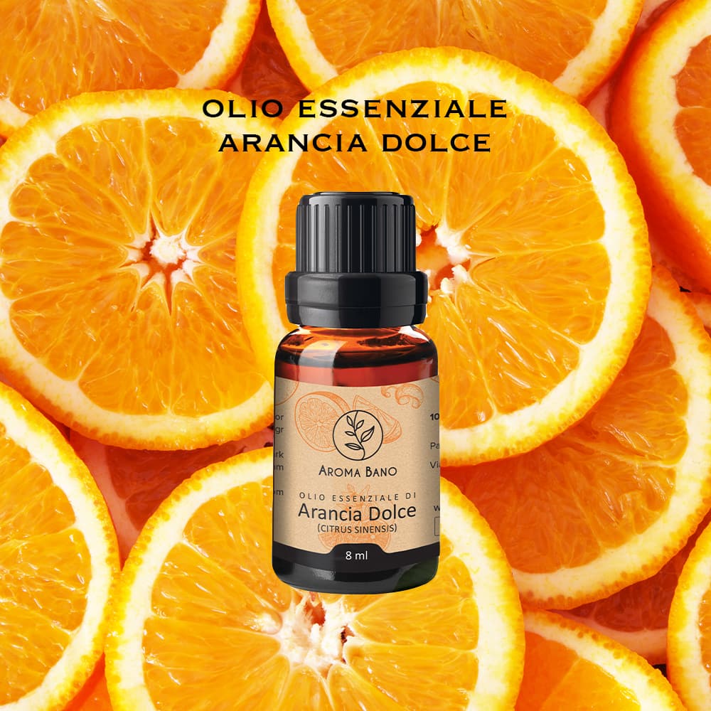 Olio essenziale di Arancia Dolce Aroma Bano con bottiglia al centro su sfondo di fette di arancia fresca