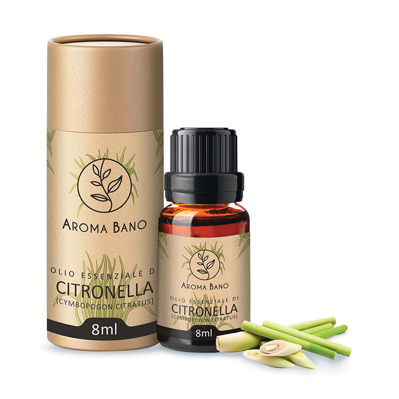 Confezione e bottiglia da 8 ml di olio essenziale di Citronella Aroma Bano con pianta di citronella