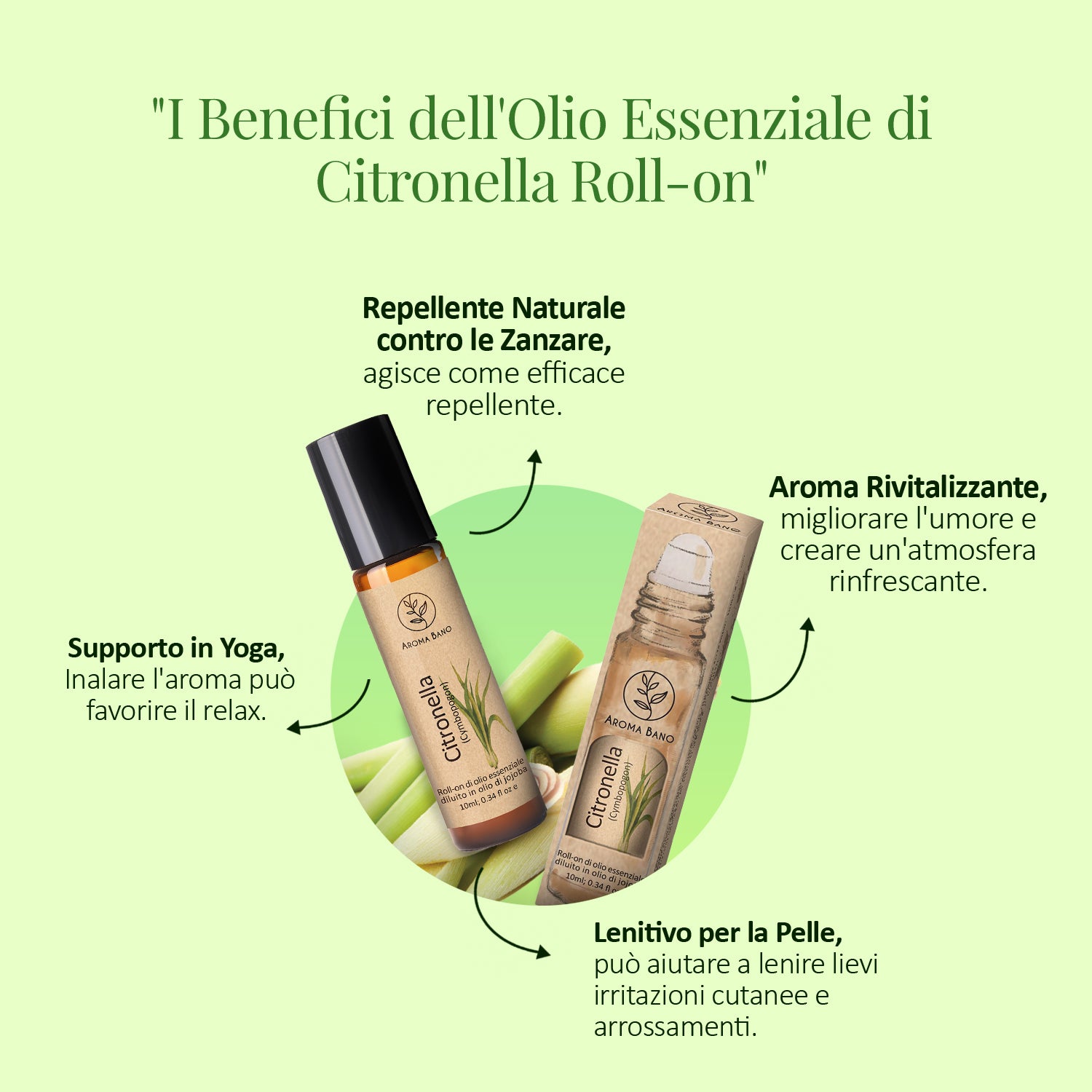 Benefici dell’olio essenziale di citronella Aroma Bano roll-on con proprietà repellente, rilassante e lenitiva