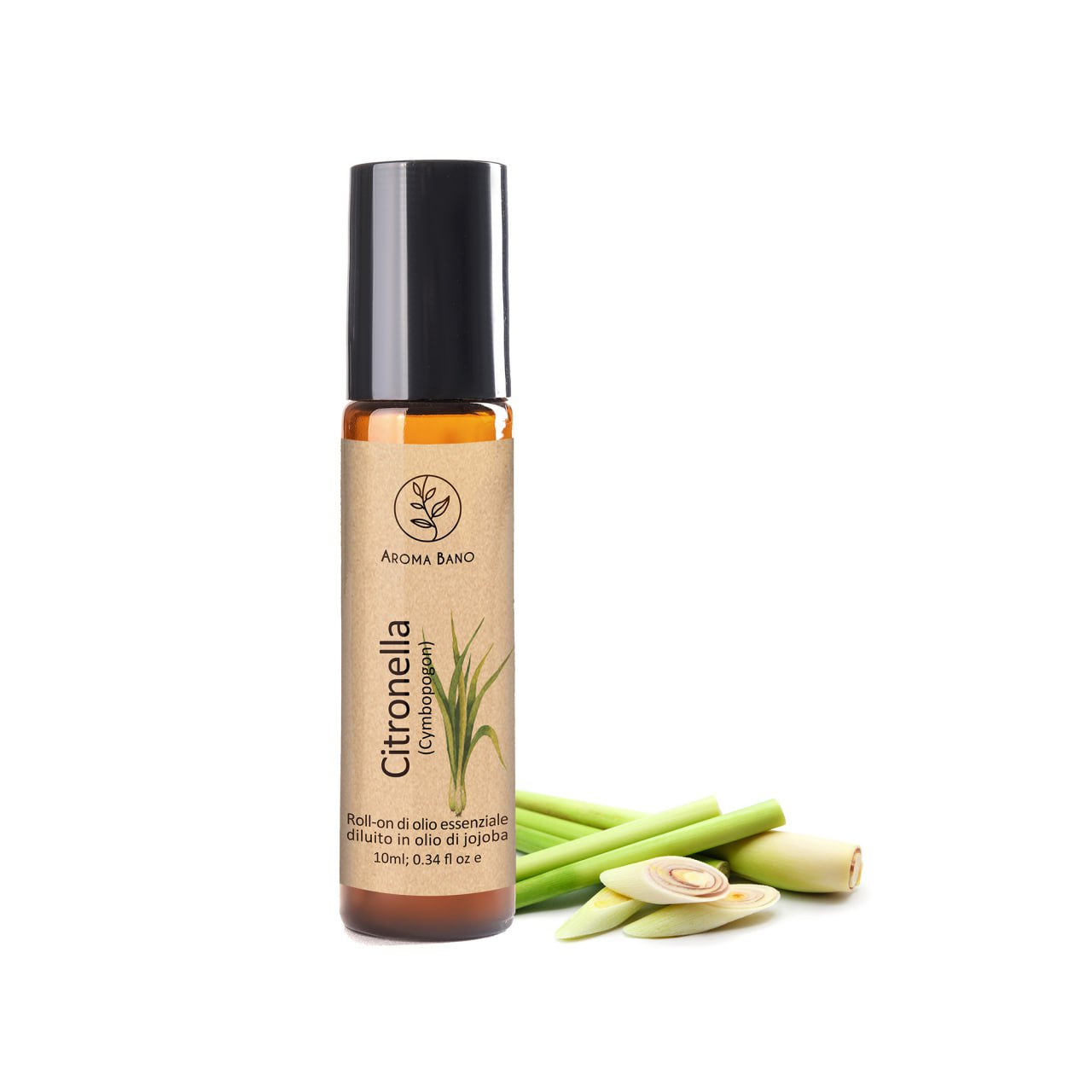 Olio essenziale di citronella Aroma Bano in formato roll-on bottiglia da 10 ml con bastoncini di citronella