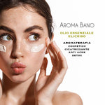 Applicazione cosmetica di olio essenziale di Elicriso Aroma Bano in formato 5 ml sul viso durante l’uso quotidiano sulla pelle