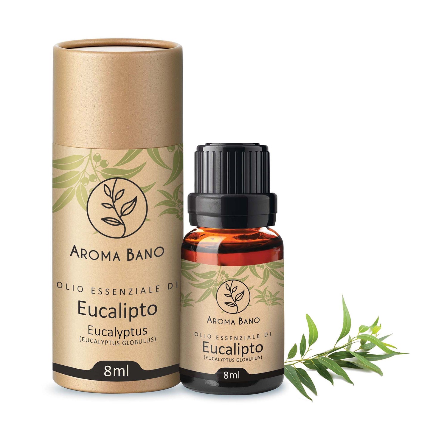 olio essenziale di eucalipto Aroma Bano 8ml con flacone e confezione su sfondo bianco