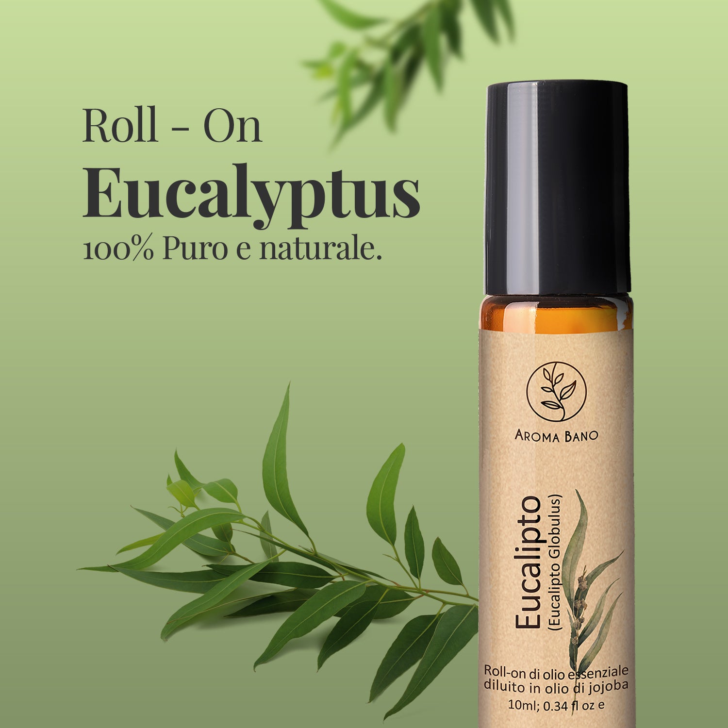 Roll-On di Olio Essenziale di Eucalipto Aroma Bano con foglie di eucalipto su sfondo verde