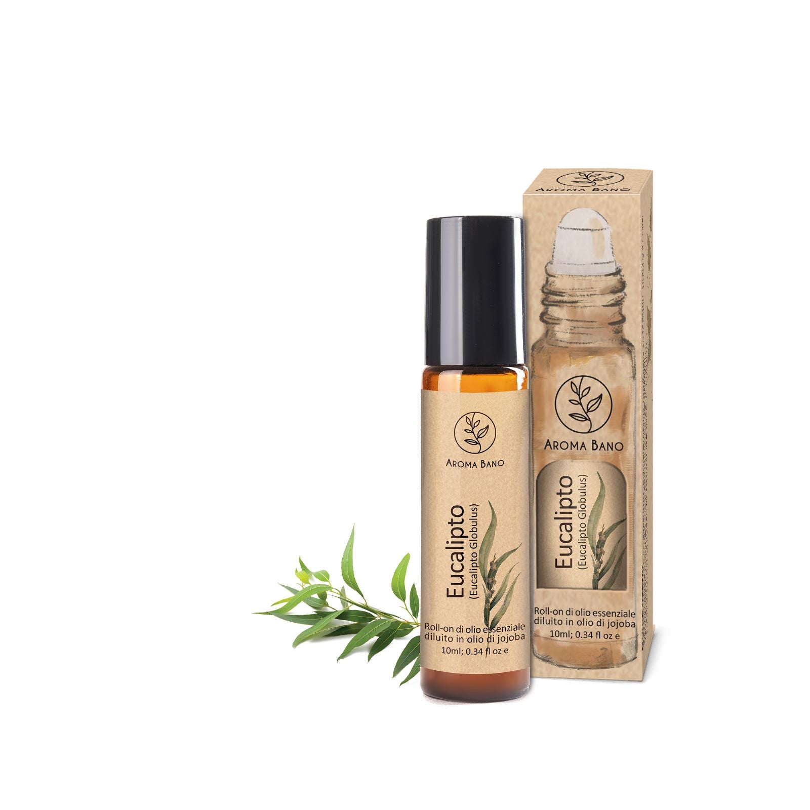Roll-On di Olio Essenziale di Eucalipto Aroma Bano con confezione e foglie di eucalipto