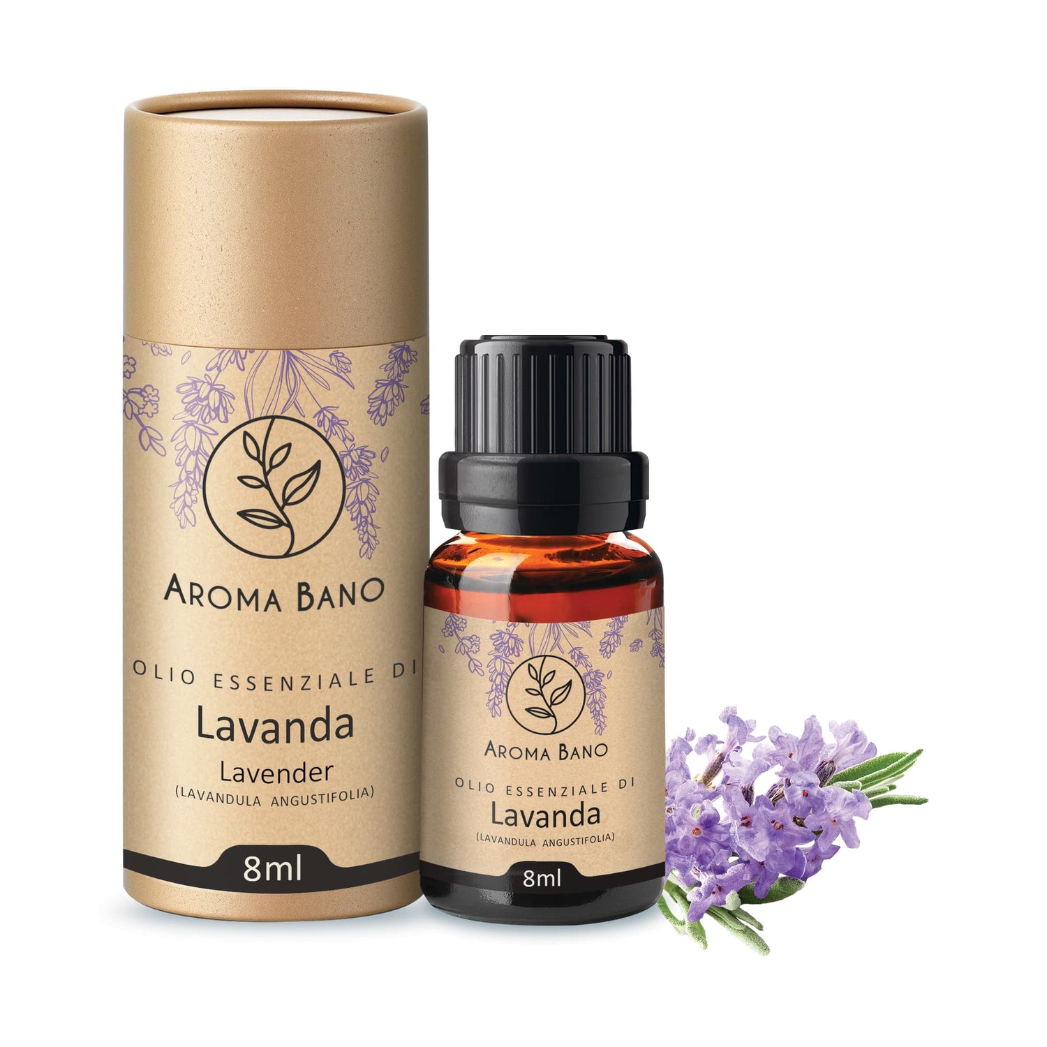 Confezione e bottiglia da 8 ml di olio essenziale di Lavanda Aroma Bano con fiori di lavanda