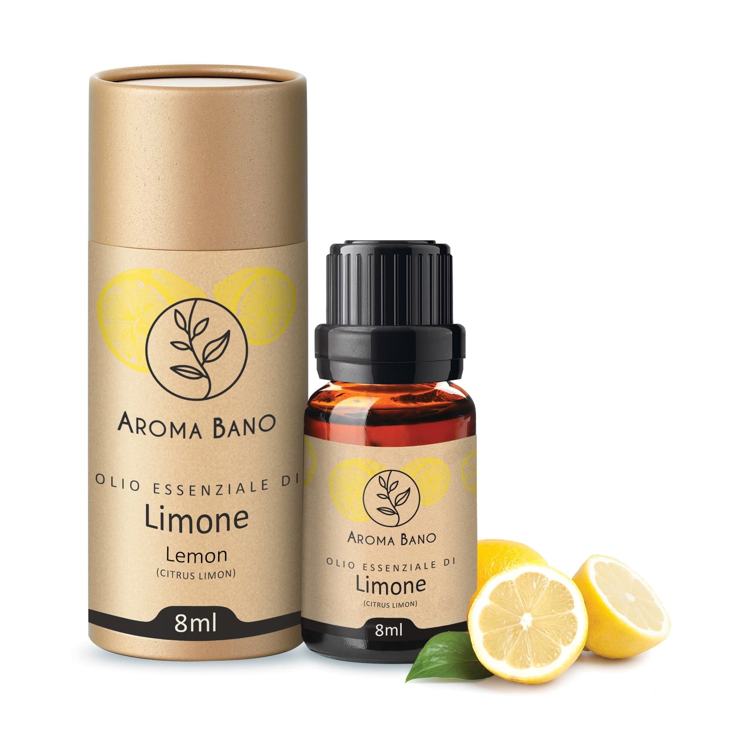 Olio essenziale di limone Aroma Bano 8ml con flacone e limoni freschi su sfondo bianco