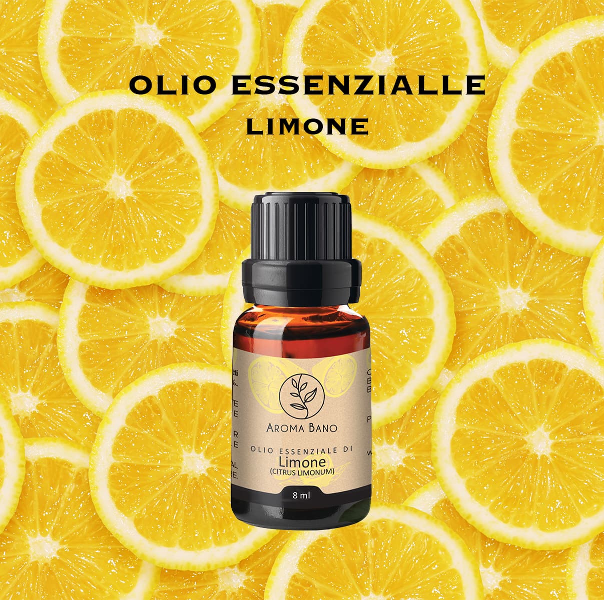 Olio essenziale di limone Aroma Bano con fette di limone fresco su sfondo giallo