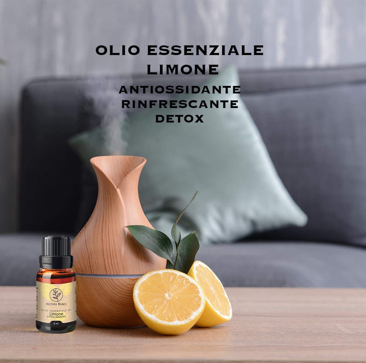 Olio essenziale di limone Aroma Bano utilizzato in diffusore per aromaterapia in ambiente domestico
