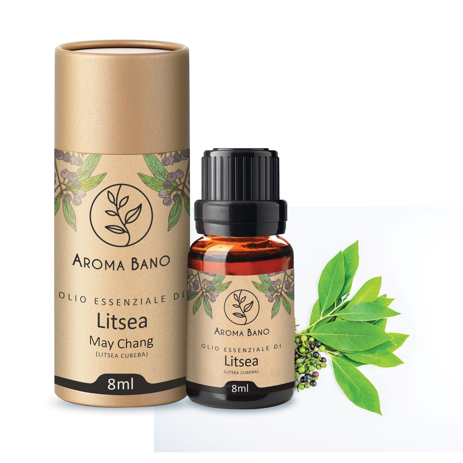 Confezione cilindrica e bottiglia da 8 ml di olio essenziale di litsea Aroma Bano affiancate a foglie e bacche della pianta