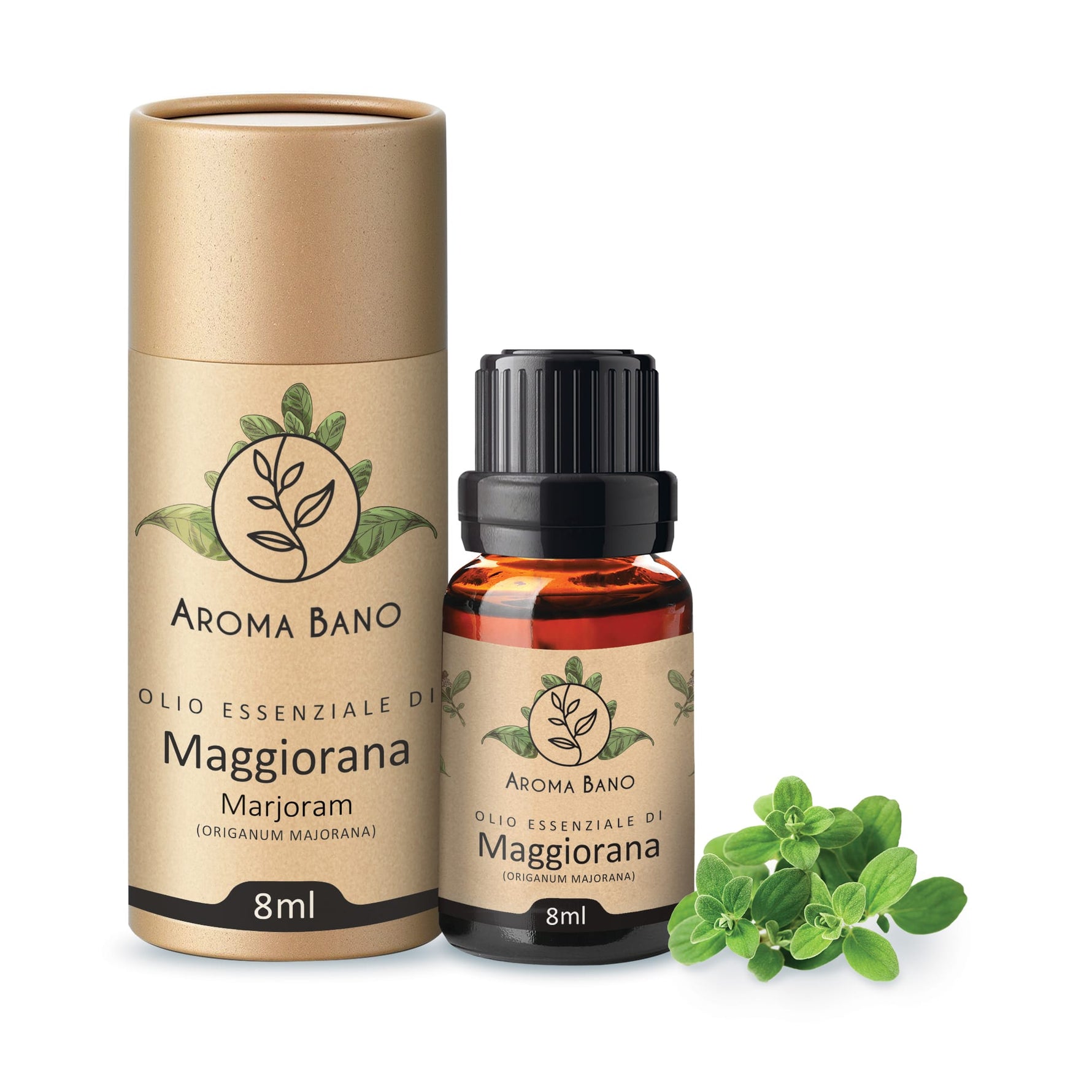 Confezione e bottiglia da 8 ml di olio essenziale di Maggiorana Aroma Bano con foglie di maggiorana