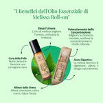 Benefici dell’olio essenziale di melissa Aroma Bano roll-on con illustrazione prodotto e proprietà rilassanti e digestive