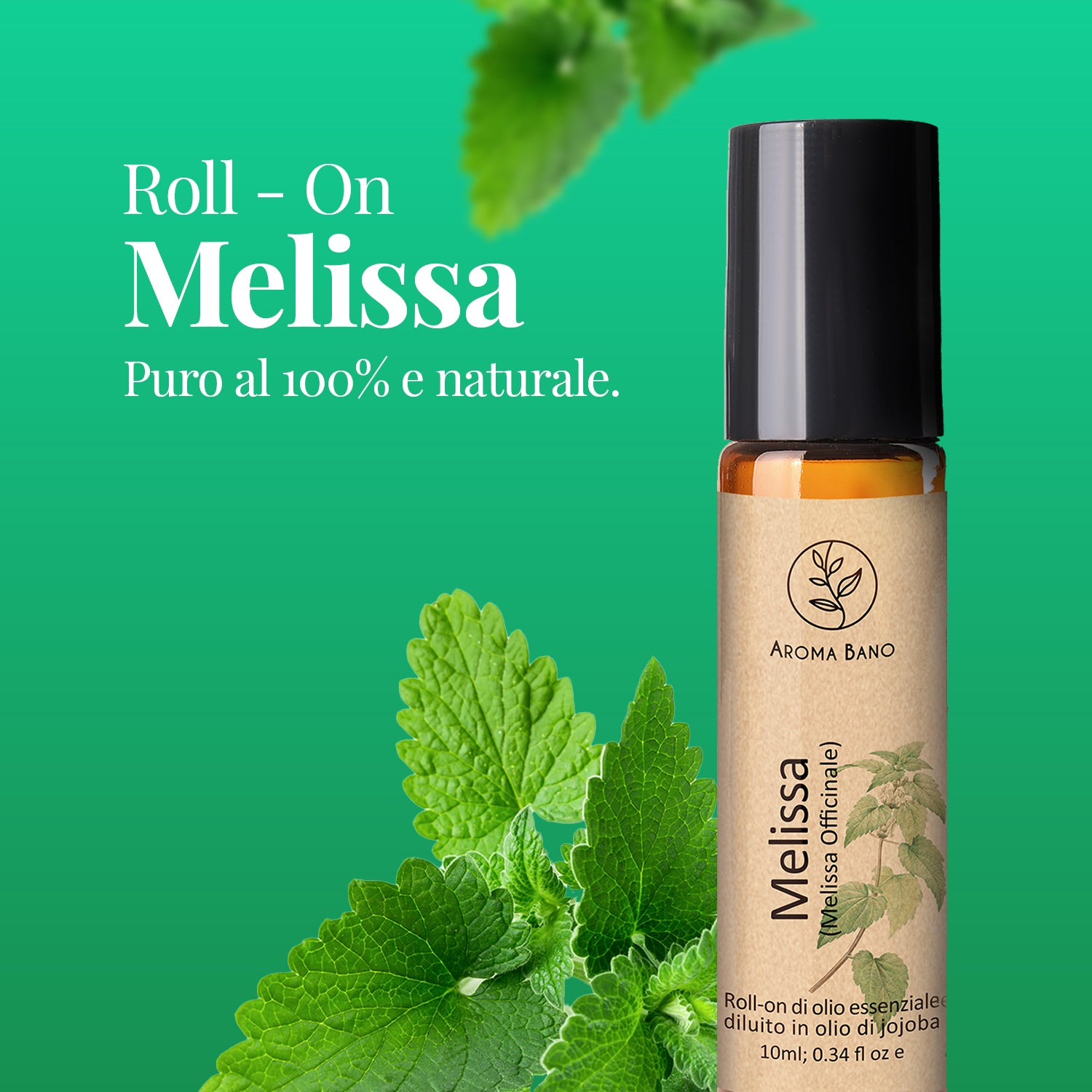 Olio essenziale di melissa Aroma Bano roll-on bottiglia da 10 ml con foglie fresche di melissa su sfondo verde