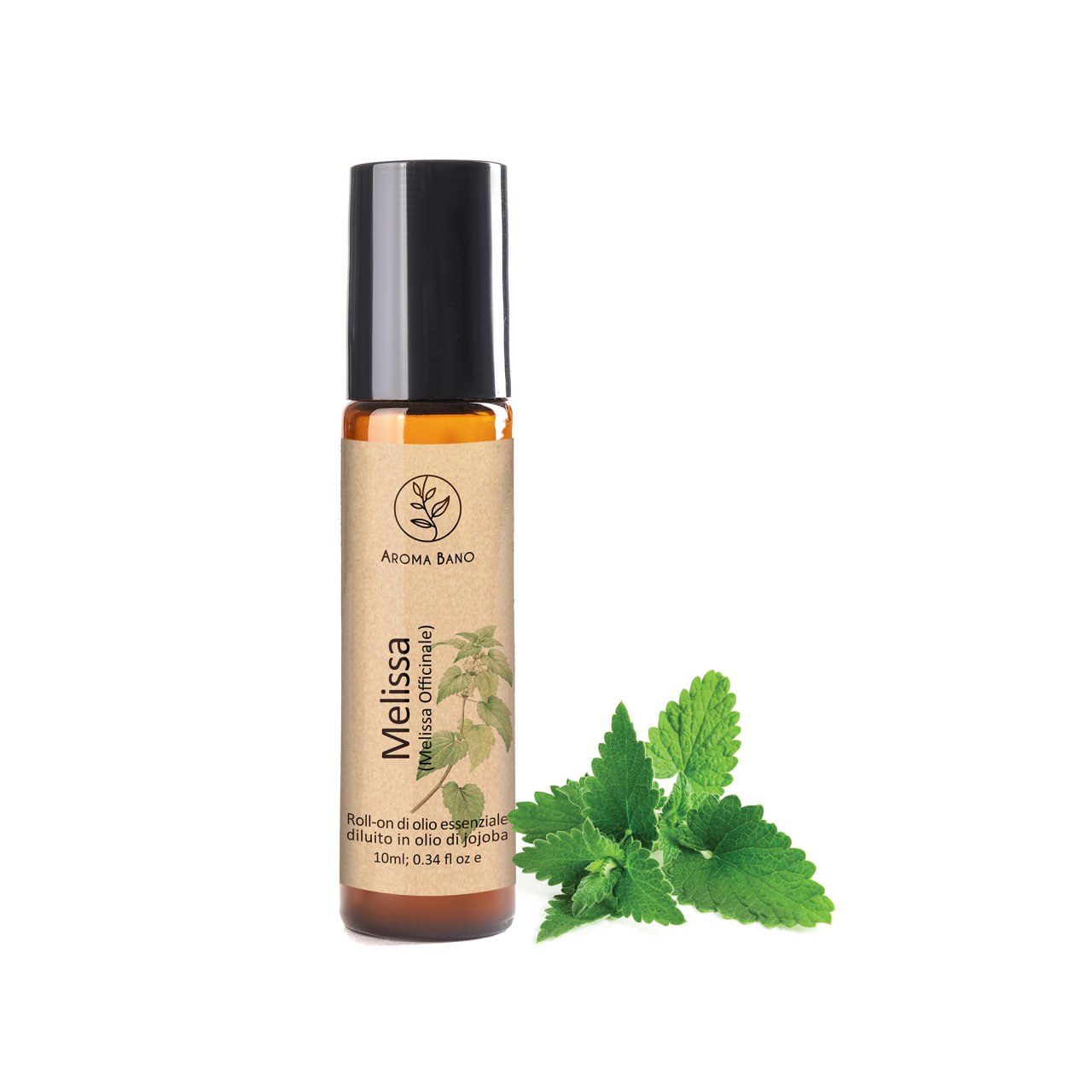 Olio essenziale di melissa Aroma Bano roll-on bottiglia con foglie fresche di melissa su sfondo chiaro