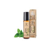 Olio essenziale di melissa Aroma Bano roll-on con confezione e bottiglia da 10 ml con foglie di melissa