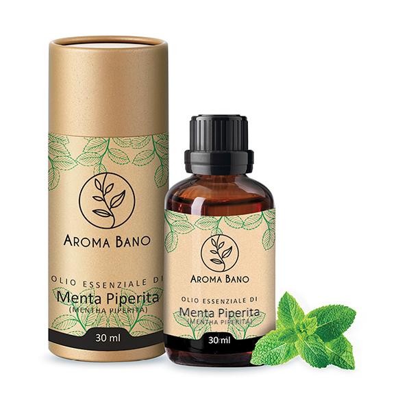 Confezione e bottiglia da 30 ml di olio essenziale di Menta Piperita Aroma Bano con foglie di menta