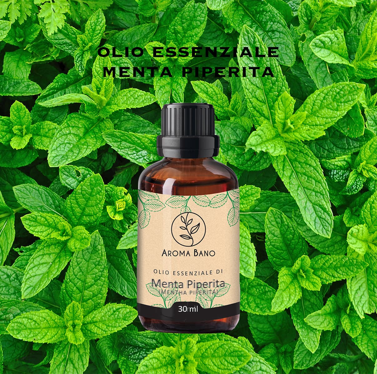 Olio essenziale di Menta Piperita 30 ml in flacone di vetro ambrato su foglie di menta fresca