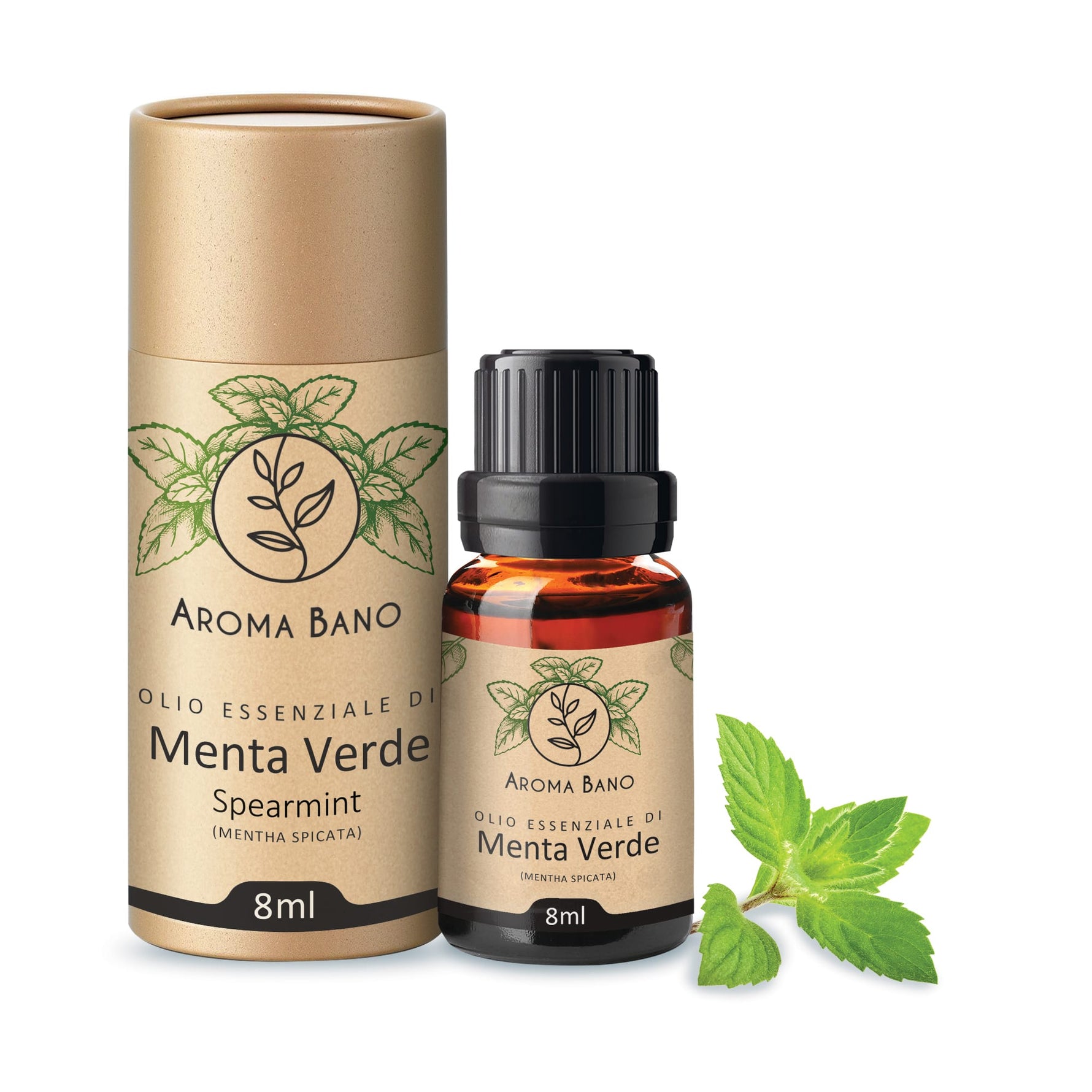 Confezione e bottiglia da 8 ml di olio essenziale di Menta Verde Aroma Bano con foglie di menta fresca