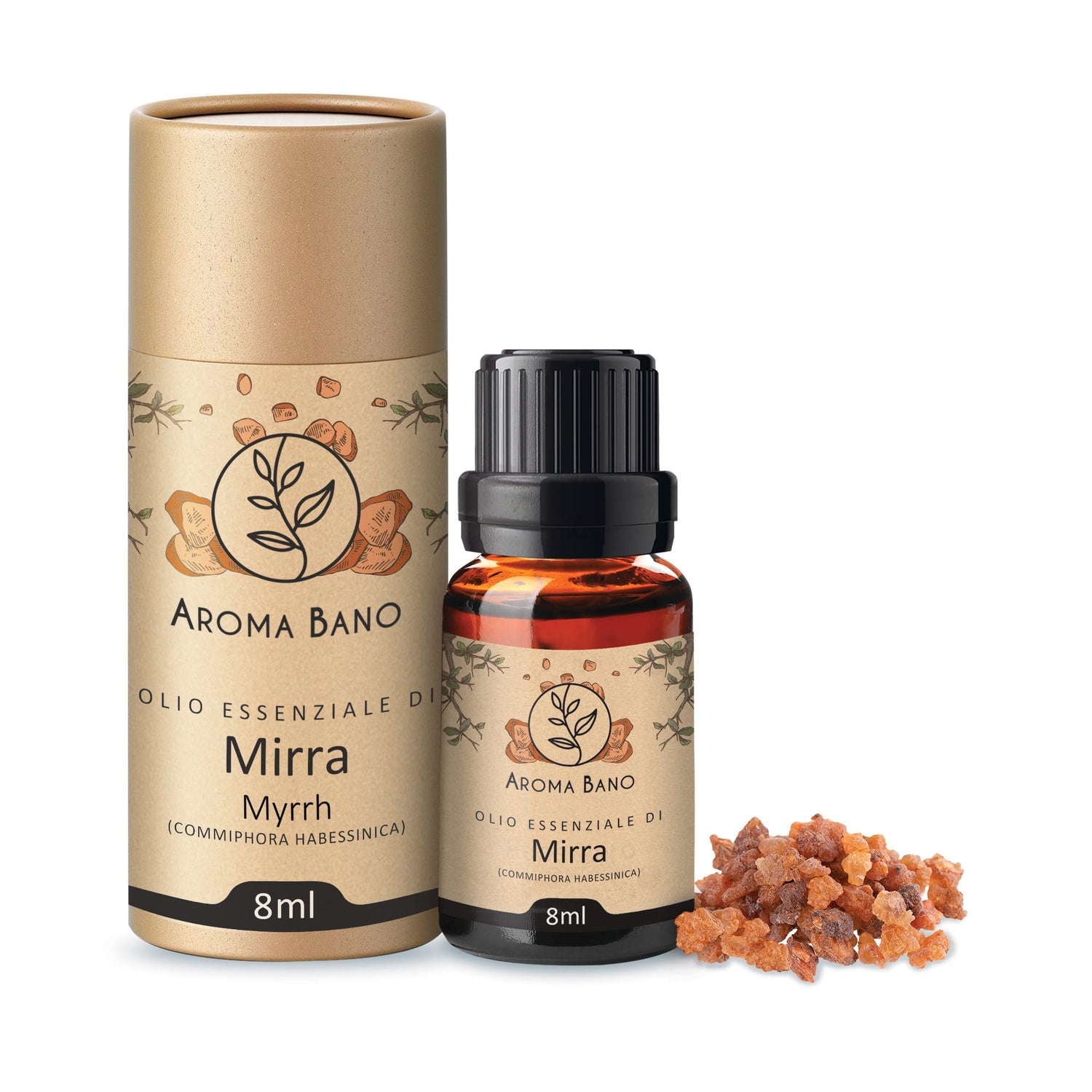 Confezione cilindrica e bottiglia da 8 ml di olio essenziale di mirra Aroma Bano affiancate a granuli di resina di mirra