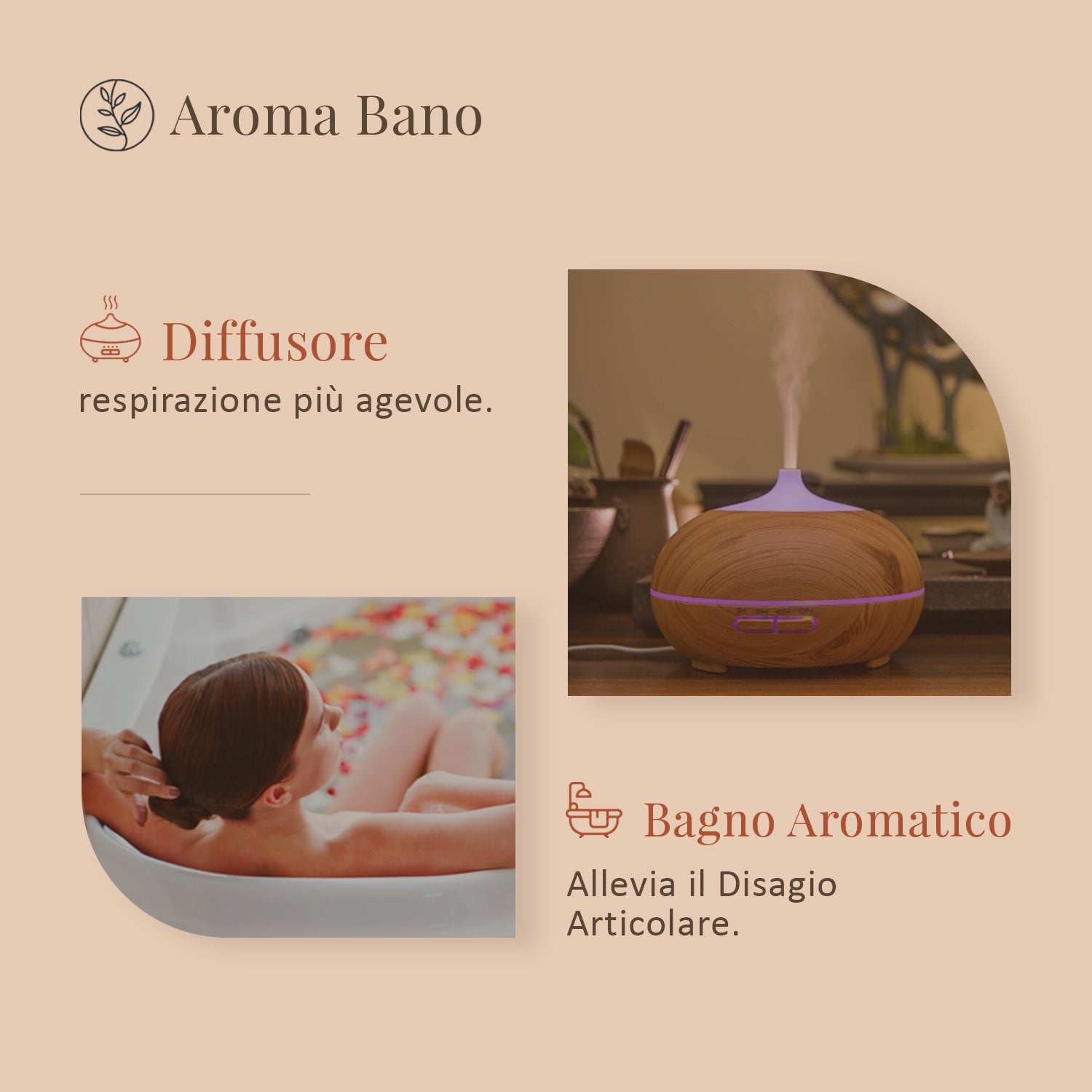 Diffusore acceso e persona immersa in un bagno aromatico in un’immagine illustrativa legata all’uso dell’olio essenziale di mirra Aroma Bano