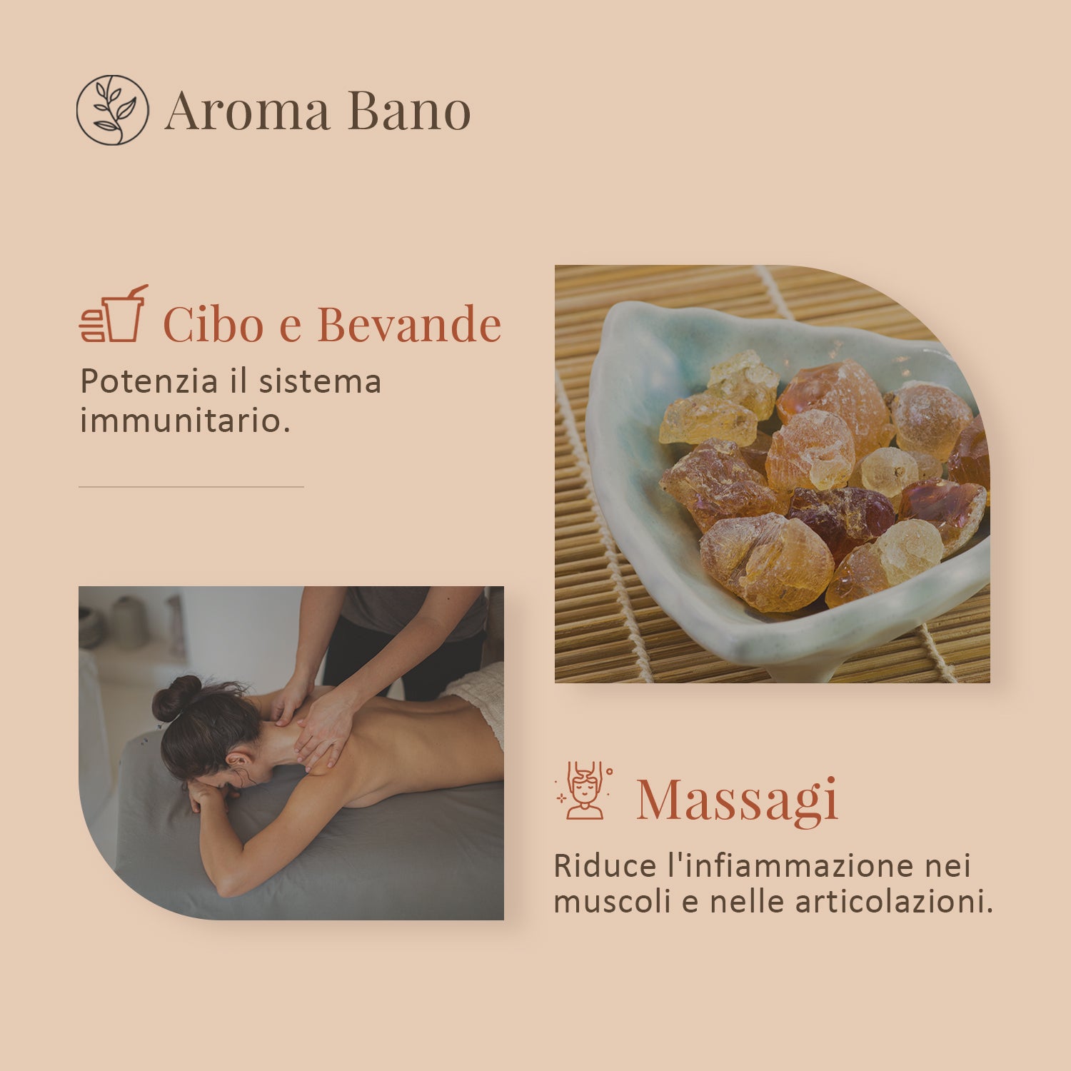 Ciotola con granuli di resina di mirra e persona durante un massaggio in un’immagine illustrativa associata all’olio essenziale di mirra Aroma Bano